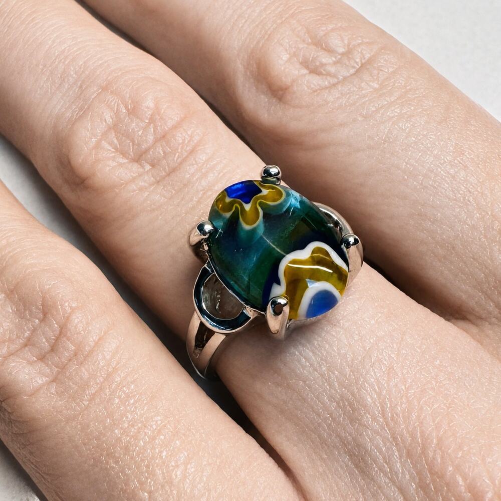S925 Sterling Silver Multicolor Art Glass Statement Ring Size 6 NWOT